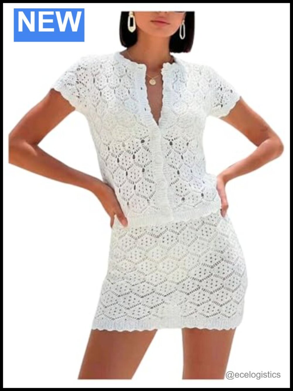 Women's 2-Piece Crochet Knit Cardigan & Mini Skirt Set with Button Closure,